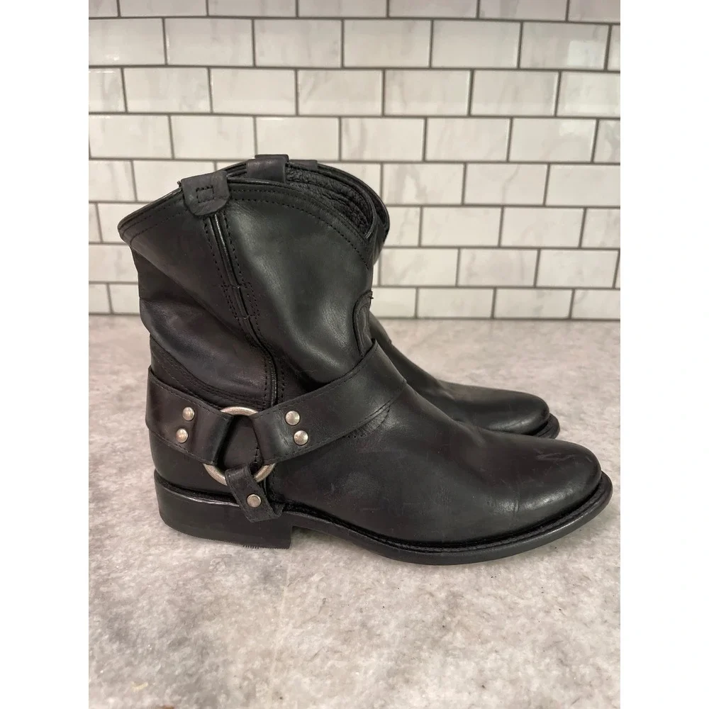 Frye Phillip Riding Boots Womens 6 Black Harness 8R Leather Ankle Moto Classic - Picture 1 of 10